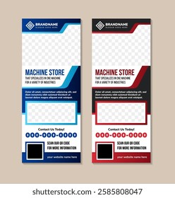 collection of machine store sale roll up Banner Design Template with space for photo collage on rectangle shape. combination of white, black, red and blue colors. vertical layout background.