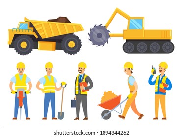 Collection of machinery and characters working in mining industry. Isolated personages with tools and instruments for work. Tractor loaded with soil and coal. Machine set for excavation vector