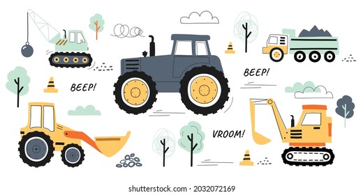 Collection of machines for construction. Stickers with truck, crane and tractor. Design elements for social networks and printing on fabric. Cartoon flat vector set isolated on white background