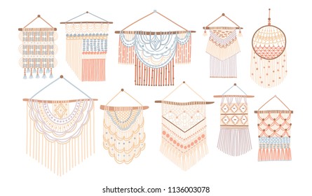 Collection of macrame wall hangings. Bundle of elegant handmade home decorations made of cotton cord isolated on white background. Colorful hand drawn vector illustration in flat cartoon style