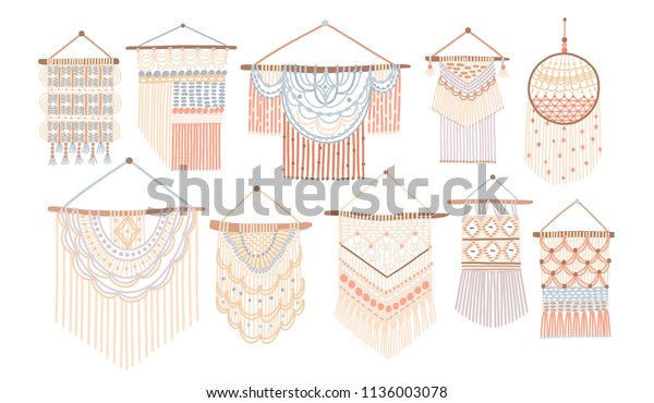 Collection of macrame wall hangings. Bundle of\
elegant handmade home decorations made of cotton cord isolated on\
white background. Colorful hand drawn vector illustration in flat\
cartoon style