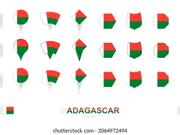 Sammlung der Madagaskar-Flagge in verschiedenen Formen und mit drei verschiedenen Effekten. Vektorfahmensatz.
