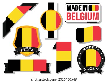 Collection of made in Belgium badges, labels, stamp, and sticker. Belgium flag in ribbon vector illustration