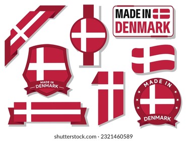 Collection of made in Denmark badges, labels, stamp, and sticker. Denmark flag in ribbon vector illustration