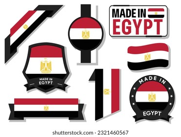 Collection of made in Egypt badges, labels, stamp, and sticker. Egypt flag in ribbon vector illustration