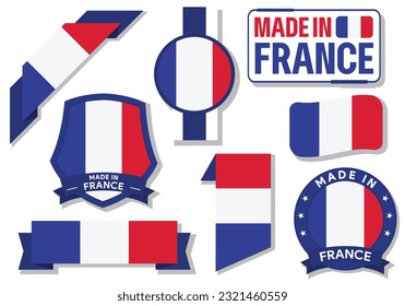 Collection of made in France badges, labels, stamp, and sticker. France flag in ribbon vector illustration