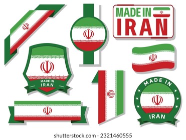 Collection of made in Iran badges, labels, stamp and sticker. Iran flag in ribbon vector illustration