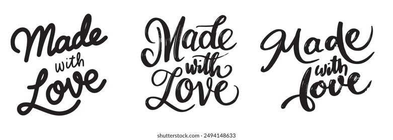 Collection of Made with Love text lettering. Hand drawn vector art.