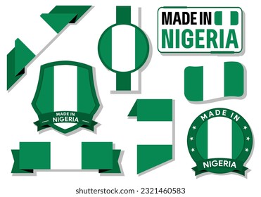 Collection of made in Nigeria badges, labels, stamp, and sticker. Nigeria flag in ribbon vector illustration