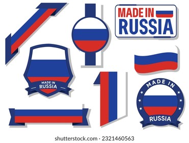 Collection of made in Russia badges, labels, stamp and sticker. Russia flags in ribbon vector illustration