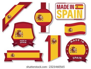 Collection of made in Spain badges, labels, stamp, and sticker. Spain flag in ribbon vector illustration