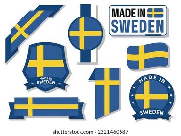 Sammlung von Abzeichen, Etiketten, Stempeln und Aufklebern aus Schweden. Schwedenflagge auf Farbband, Vektorgrafik