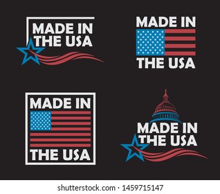 collection of made in the usa labels isolated on black background