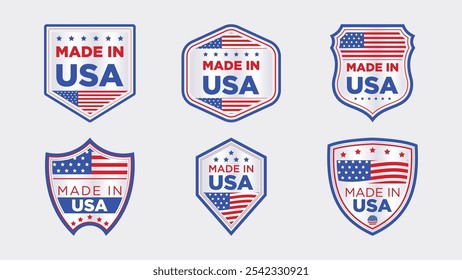 Uma coleção de logotipos do Made In USA. Feito nos EUA distintivos Vetor. Carimbo, bandeira americana e símbolos nacionais, conjunto de emblemas patrióticos dos Estados Unidos da América