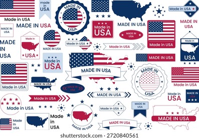 Colección de logotipos Made in USA con colores nacionales dispuestos sobre un fondo plano