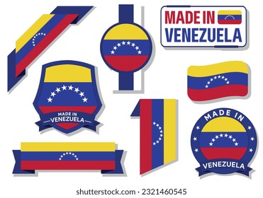 Collection of made in Venezuela badges, labels, stamp, and sticker. Venezuela flag in ribbon vector illustration