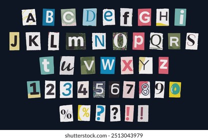 Sammlung von Magazin Ausschnitt Alphabet Schrift mit gerissen und abgerissenen Kanten. Schneiden Sie Buchstaben und Zahlen aus der Zeitung im trendigen Pop Art Stil.