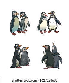 Collection of magellanic penguins isolated on a white background. Cartoon antarctic birds. Vector illustration.