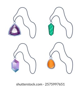 Collection of magic amulet pendant with crystal, diamond, precious stone in metal frame hanging on rope.