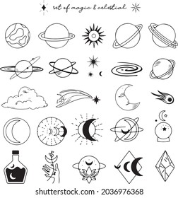Collection of magic celestical elements illustrations for Sticker, Planner, Journal, Web design in hand drawn style.