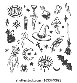 Collection of magic decorative elements on a white background. Mystical illustration, witches things.