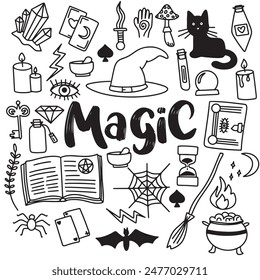 Collection of magic doodle icons set. Hand drawn vector art.