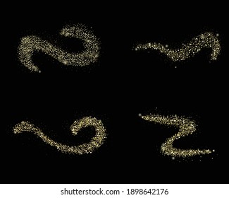 Collection magic dust waves or comets, glittering gold. Magic sparkling stardust. Christmas shining light effects with yellow sparkles.