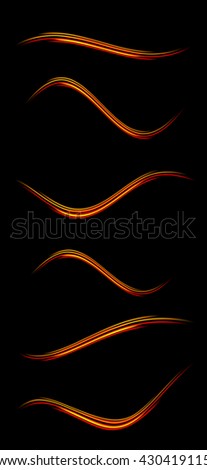 Collection of magic glowing light swirl trail trace effect on black background. Glitter fire spark wave line with flying sparkling flash lights. Easy to use.