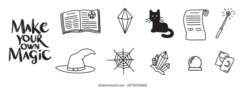 Colección de íconos mágicos en estilo doodle. Arte vectorial dibujado a mano.