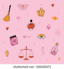 Collection of magic items on a pink background. Plants, magick book, broom, eye, poison bottles, mushrooms, scales, butterfly. Hand drawn vector illustration