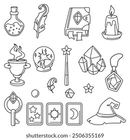 Sammlung von magischen Gegenständen. Hexerei Alchemie Geheimnis Elemente.