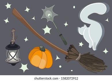 Collection of magic items. Witches broom, magic wand, lantern, pumpkin, cat, stars. Wicca. Occultism. Stock illustration. Vector.