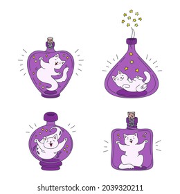 Collection of magic kitties. Illustrations of cute white cats sitting in magic bottles isolated on a white background. Vector 10 EPS.