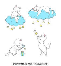 Collection of magic kitties. Illustrations of cute cats catching a stars, sitting on clouds and putting stars in the sky. Vector 10 EPS.