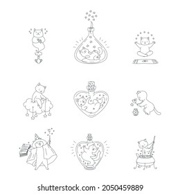 Collection of magic kitties. Illustrations of cute white cats sitting in magic bottles, casting spells, making magic potion ets. Black-n-white outlined illustration.
