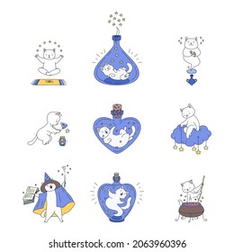 Collection of magic kitties. Illustrations of cute white cats sitting in magic bottles, casting spells, making magic potion ets. Vector illustration 10 EPS.