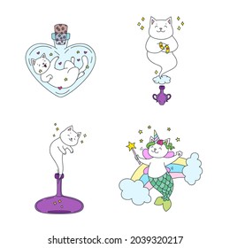 Collection of magic kitties. Illustrations of funny white cats: genie cats, fairy cat and cat sitting in a magic bottle. Vector 10 EPS.
