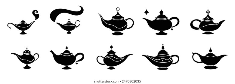 Collection of magic lamp silhouettes icon set. Hand drawn vector art. 