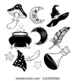 A collection of magic objects, things. Witch hat, moon, feather, bottle, mushrooms on a white background. Hand drawing, sketch