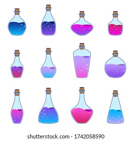 A collection of magic potion bottles. Witchcraft inventory. Vector illustration