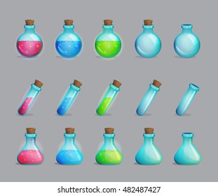 Collection of magic potions of different colors and empty bottles for them. Game and app ui icons, decoration and design elements.