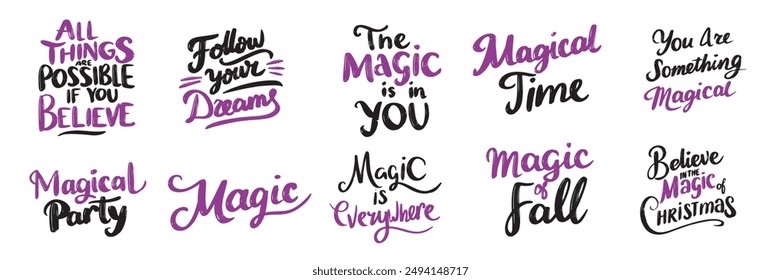 Colección de letras de texto mágicas. Arte vectorial dibujado a mano.