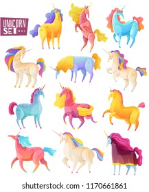 Collection of magic unicorns in different poses painted in various colors in cartoon style isolated vector illustration
