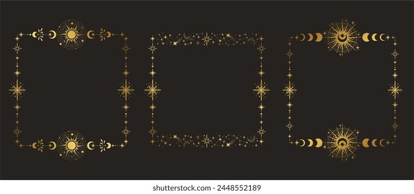 Colección de marcos de Vector mágico con luna, estrellas y constelaciones. Adorno elegante dorado. Marco místico para tarot, diseño esotérico, astrología.