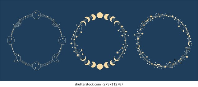 Collection of magic vector round frames with moon, stars and constellations. Mystic frame for tarot, esoteric, astrology design.