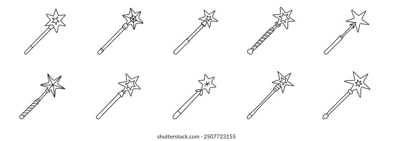 Colección de varita mágica en estilo doodle. Arte vectorial dibujado a mano.