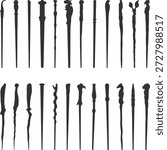 Collection of Magic Wand Silhouettes, Magic wand icon. wizard wands Icons, Magic staffs elements silhouette, magic stick vectors Illustration.
