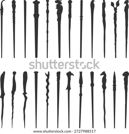 Collection of Magic Wand Silhouettes, Magic wand icon. wizard wands Icons, Magic staffs elements silhouette, magic stick vectors Illustration.