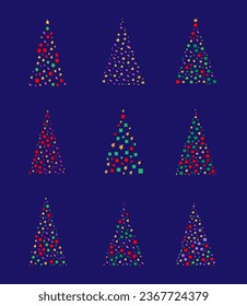 Sammlung Magischer Weihnachtsbaum und Dekoration aus Licht auf dunklem Hintergrund