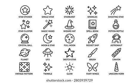 Collection of magical and celestial themed icons featuring various stars like stickers, single stars, starbursts, sparkles, and shooting stars. Also includes star clusters, magic wands, wizard hats, spell books, potion bottles, crystal balls, moons, and planets.